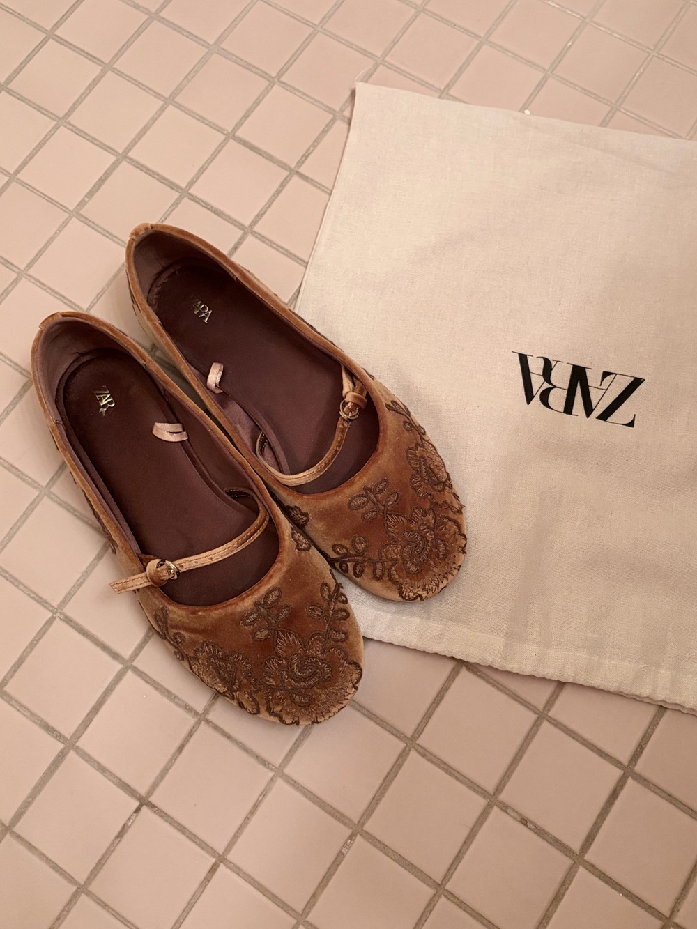 Zara Velvet Cappucino Embroidered Mary Jane Flats 39